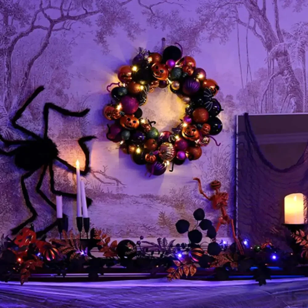 Halloween Pumpkin Wreath 12 Inch Front Door Decor with LED Lights and Timer